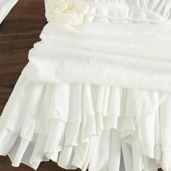 White Women's Ruffle Trim Flounce Sleeve Cover Up Dress Without Bikini - Picture 8 of 8